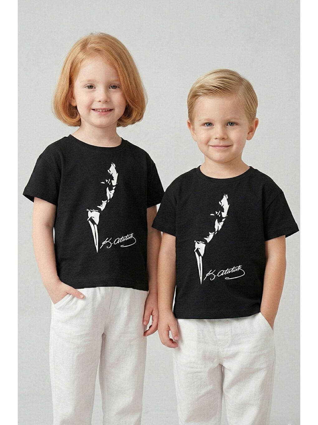Siyah Unisex Çocuk Kabartma Baskı %100 Pamuk  Atatürk Tişört (3-4 Yaş 8-9 Yaş)-2