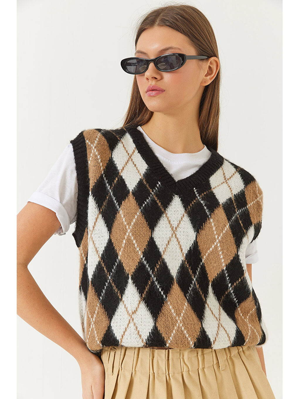 Siyah Kadın Şardonlu Baklava Desenli Triko Süveter