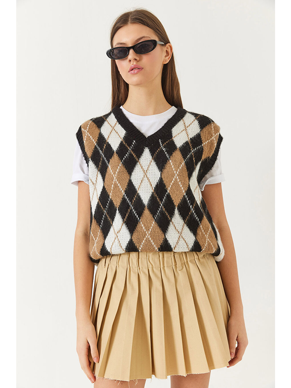 Siyah Kadın Şardonlu Baklava Desenli Triko Süveter-1