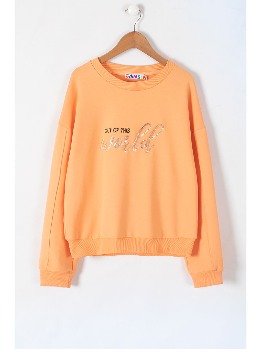 Cansın Mini Turuncu Payetli Yazılı Bisiklet Yaka Kız Uzun Kol Sweatshirt 19671