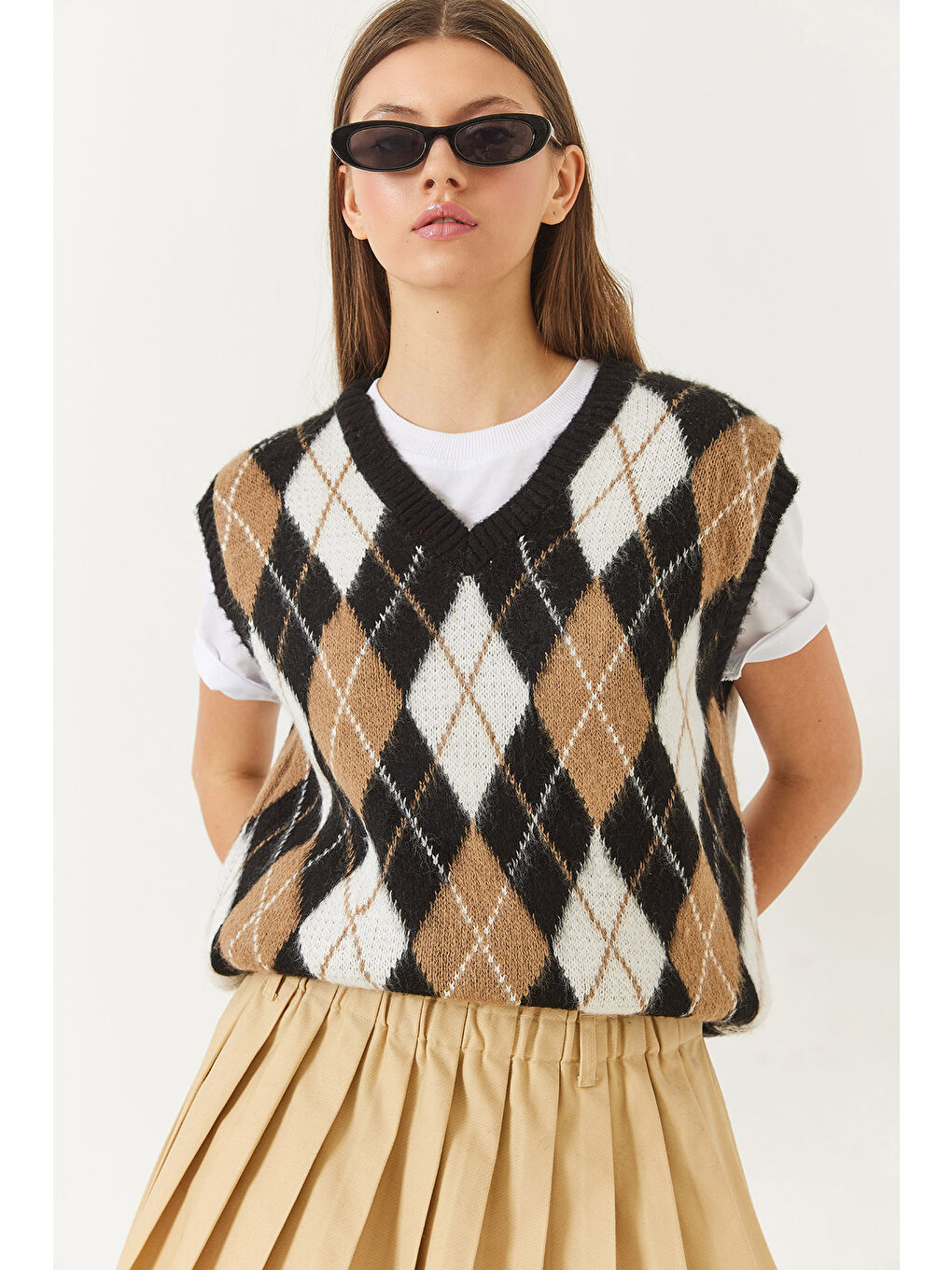 Siyah Kadın Şardonlu Baklava Desenli Triko Süveter-2