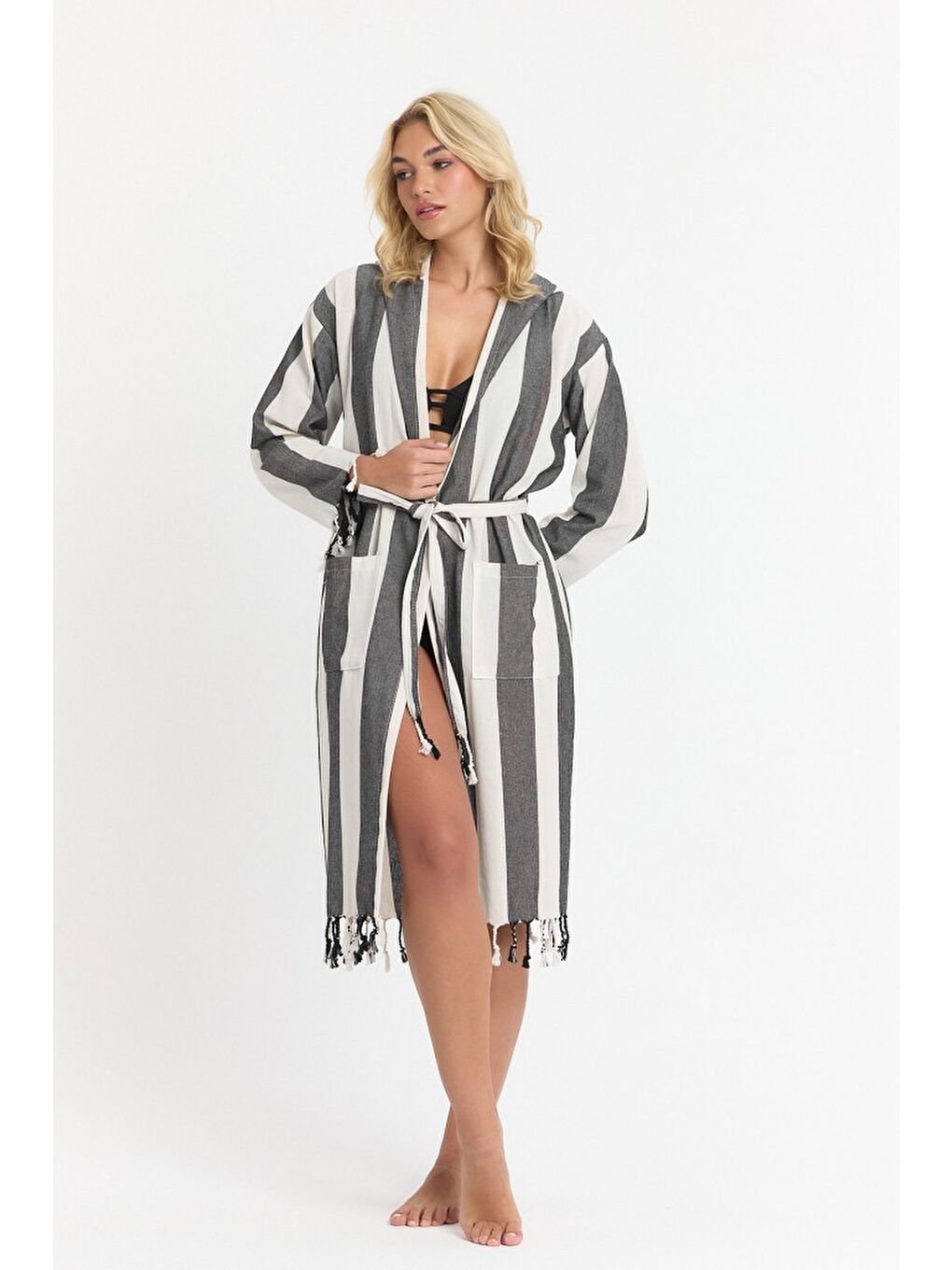 Siyah Striped Peştemal Bornoz Banyo ve Plaj Elbisesi