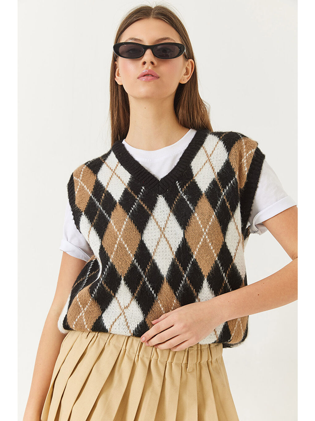 Siyah Kadın Şardonlu Baklava Desenli Triko Süveter-3