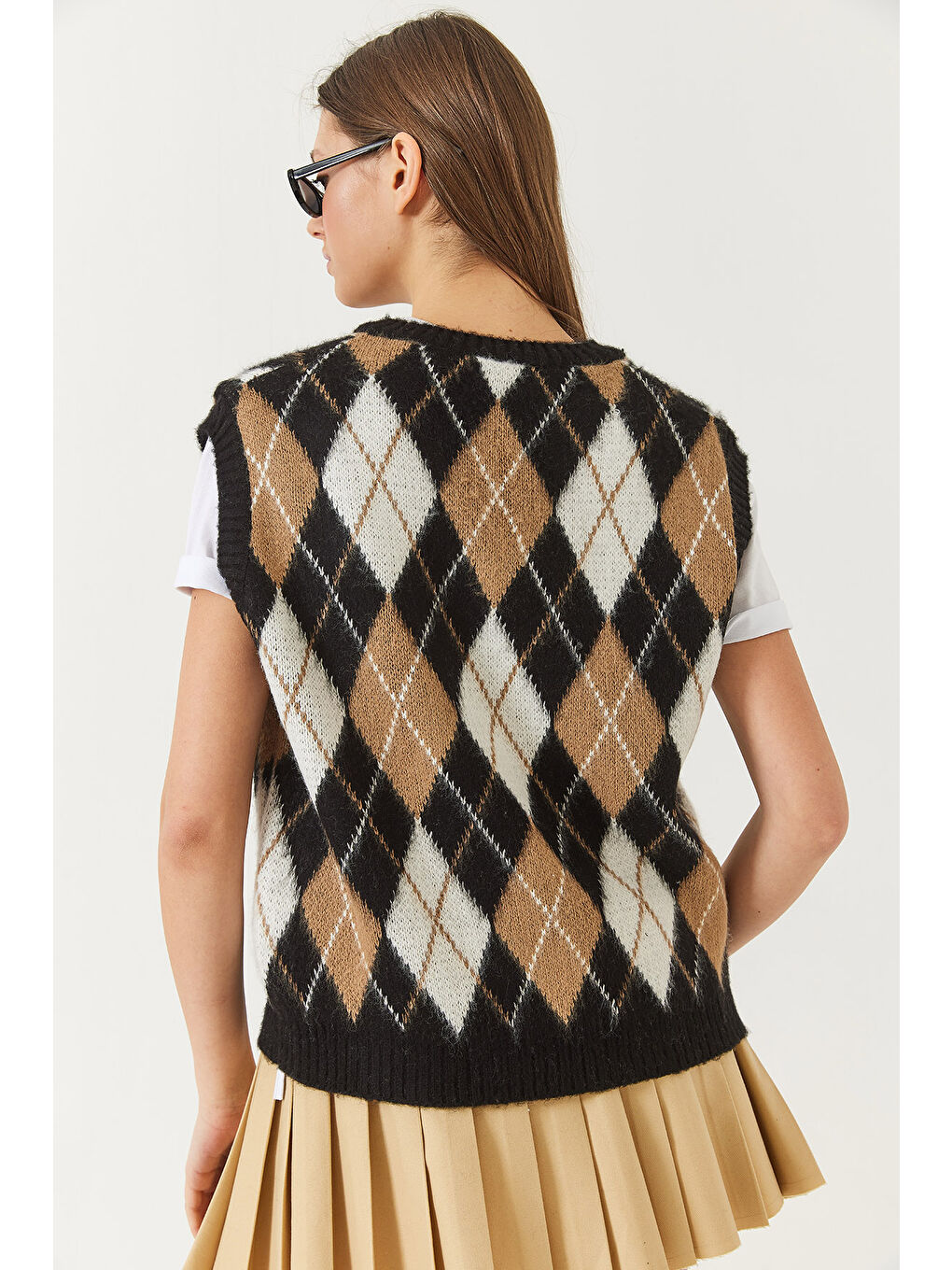 Siyah Kadın Şardonlu Baklava Desenli Triko Süveter-5