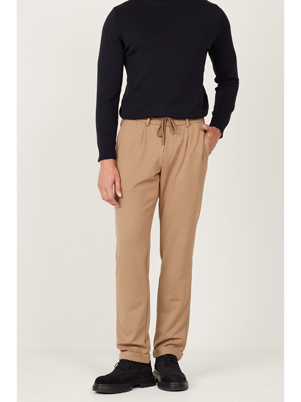 Bej Erkek Vizon Slim Fit Dar Kesim Beli Bağlamalı Esnek Pantolon