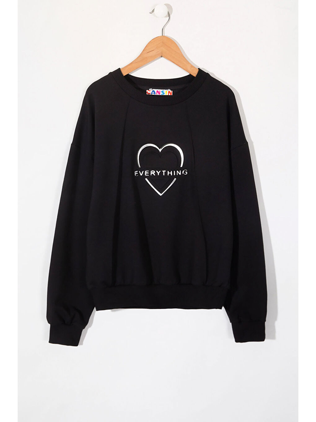 Siyah Kalp Kabartmalı Bisiklet Yaka Kız Çocuk Sweatshirt 19659