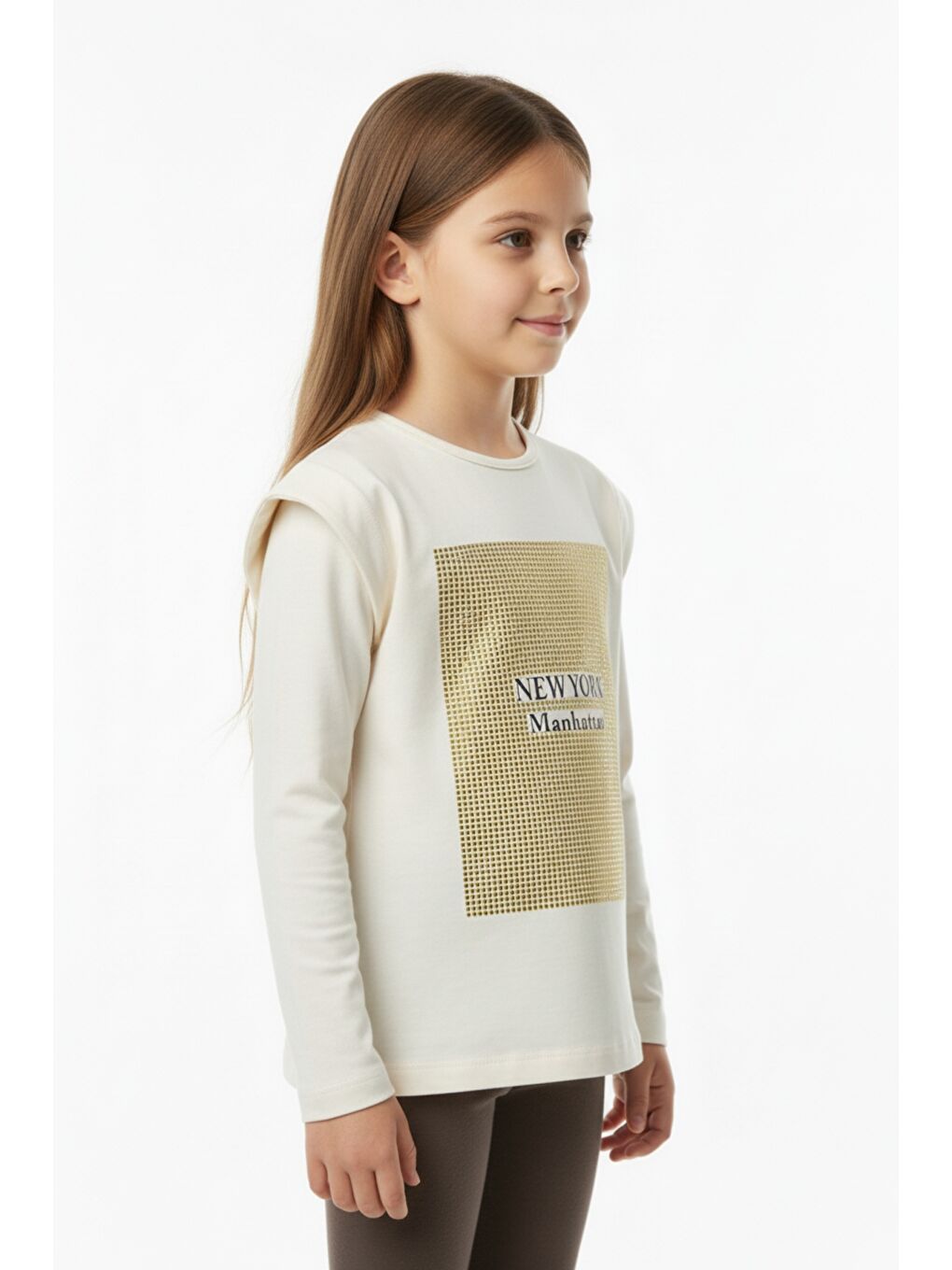Ekru Kız Çocuk Baskılı Tişört-2