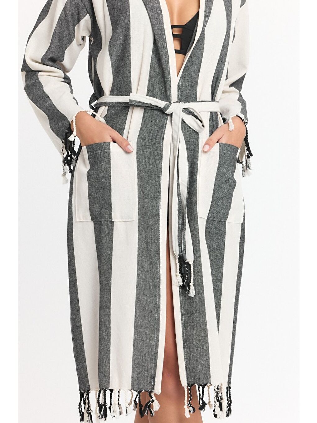 Siyah Striped Peştemal Bornoz Banyo ve Plaj Elbisesi-1