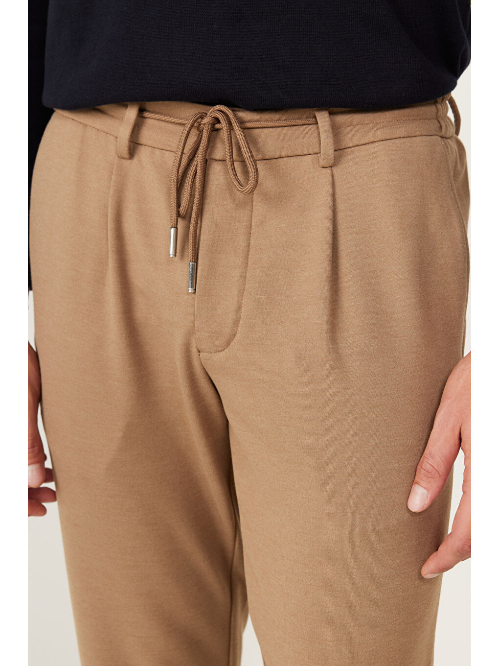 Bej Erkek Vizon Slim Fit Dar Kesim Beli Bağlamalı Esnek Pantolon-3