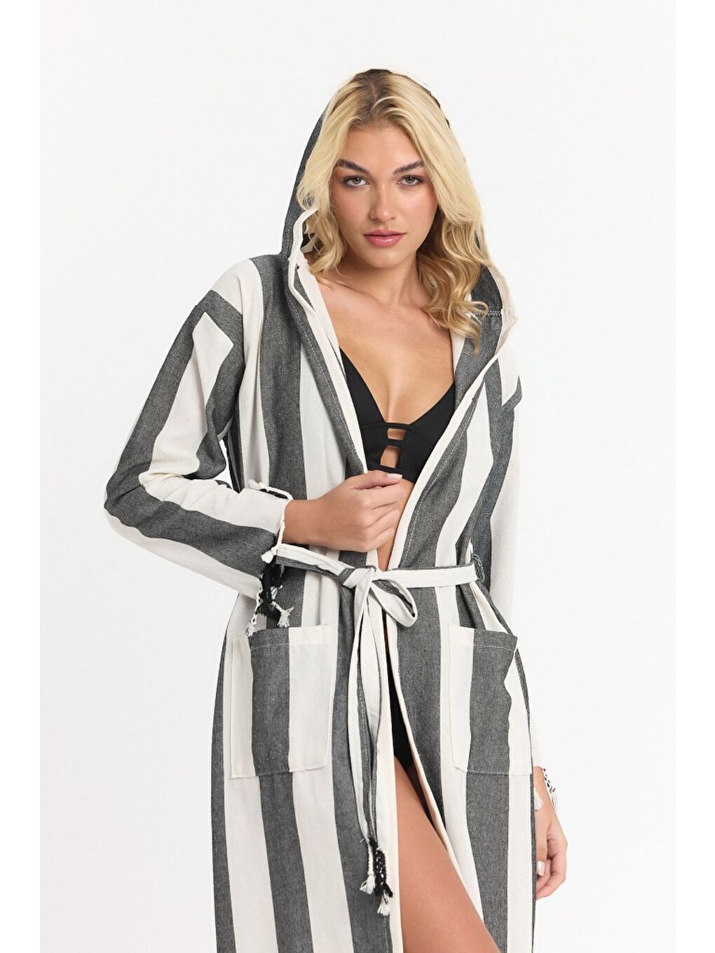 Siyah Striped Peştemal Bornoz Banyo ve Plaj Elbisesi-3
