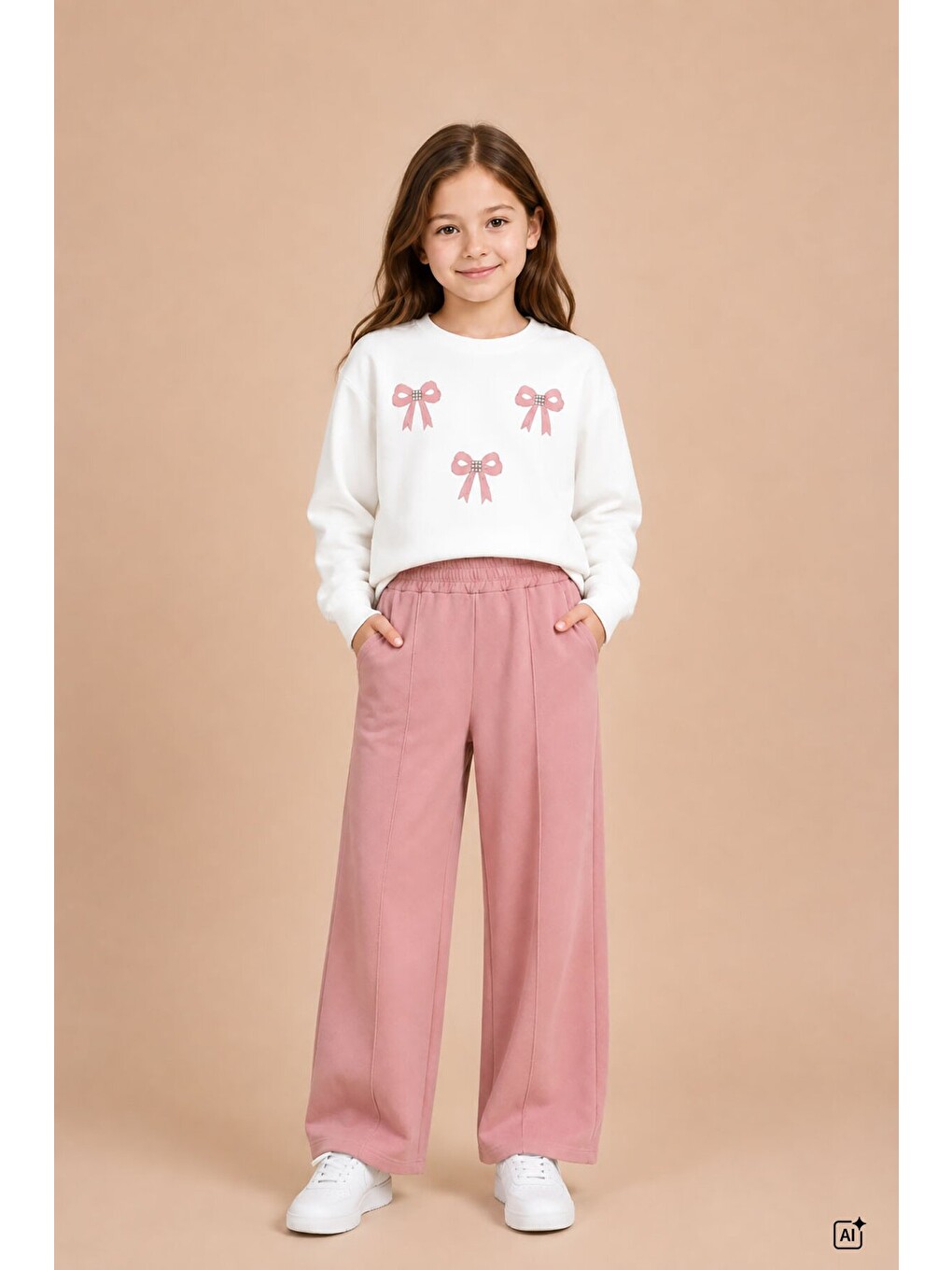 Pembe Somon Kız Çocuk Fiyonk Desenli Sweatshirt Geniş Paça Eşofman Takımı 24826