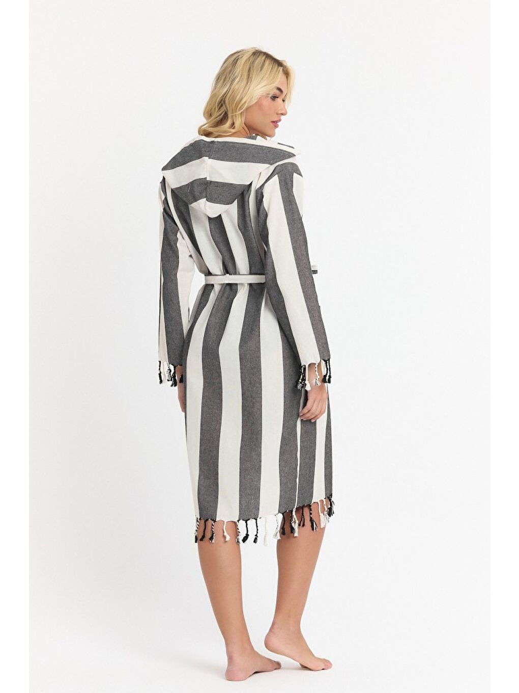 Siyah Striped Peştemal Bornoz Banyo ve Plaj Elbisesi-4
