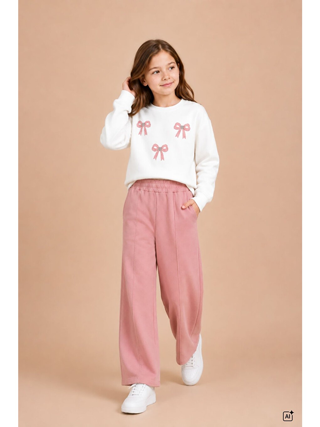Pembe Somon Kız Çocuk Fiyonk Desenli Sweatshirt Geniş Paça Eşofman Takımı 24826-1