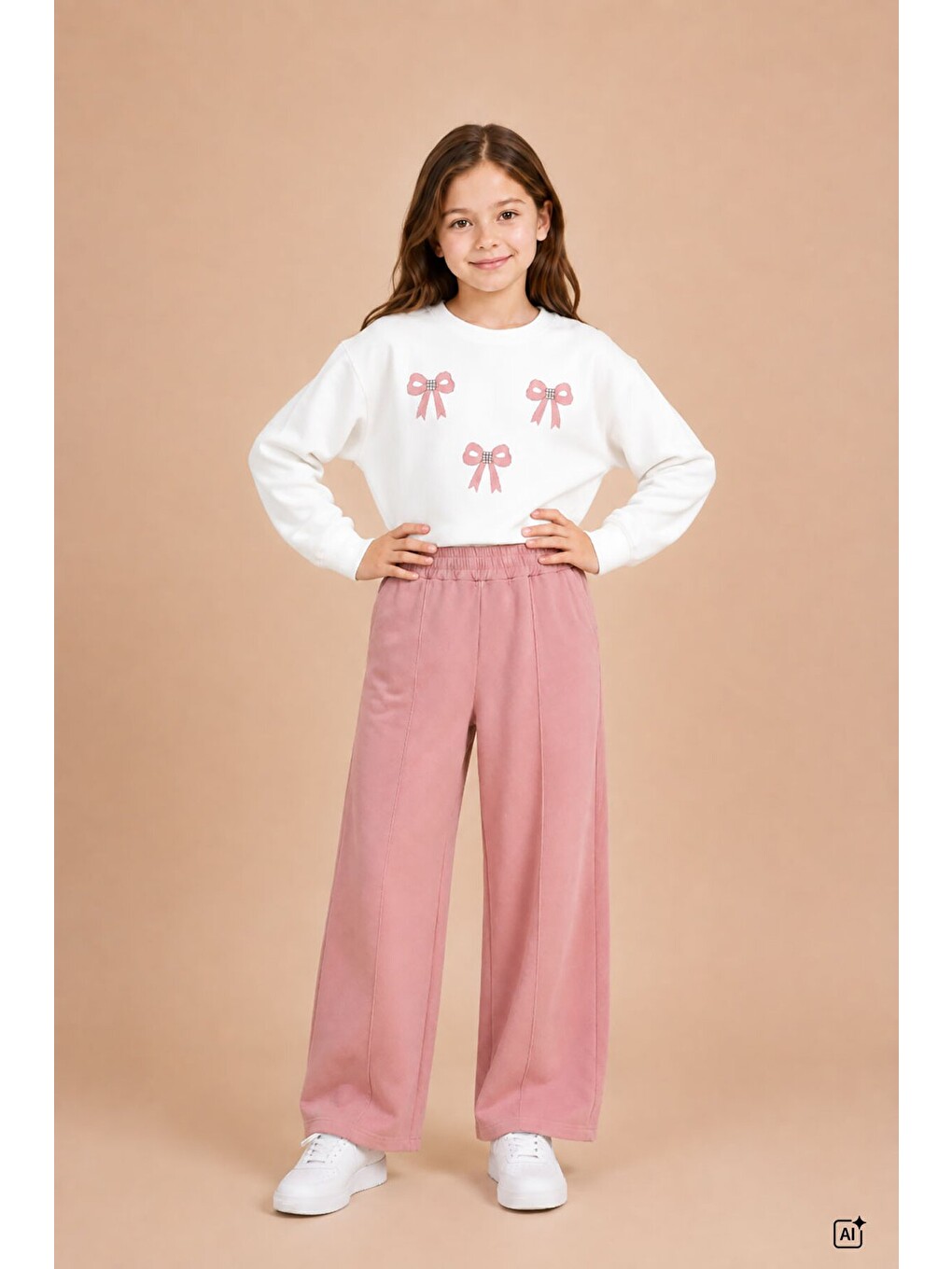 Pembe Somon Kız Çocuk Fiyonk Desenli Sweatshirt Geniş Paça Eşofman Takımı 24826-2