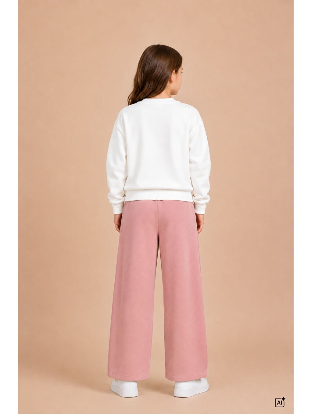 Pembe Somon Kız Çocuk Fiyonk Desenli Sweatshirt Geniş Paça Eşofman Takımı 24826-3