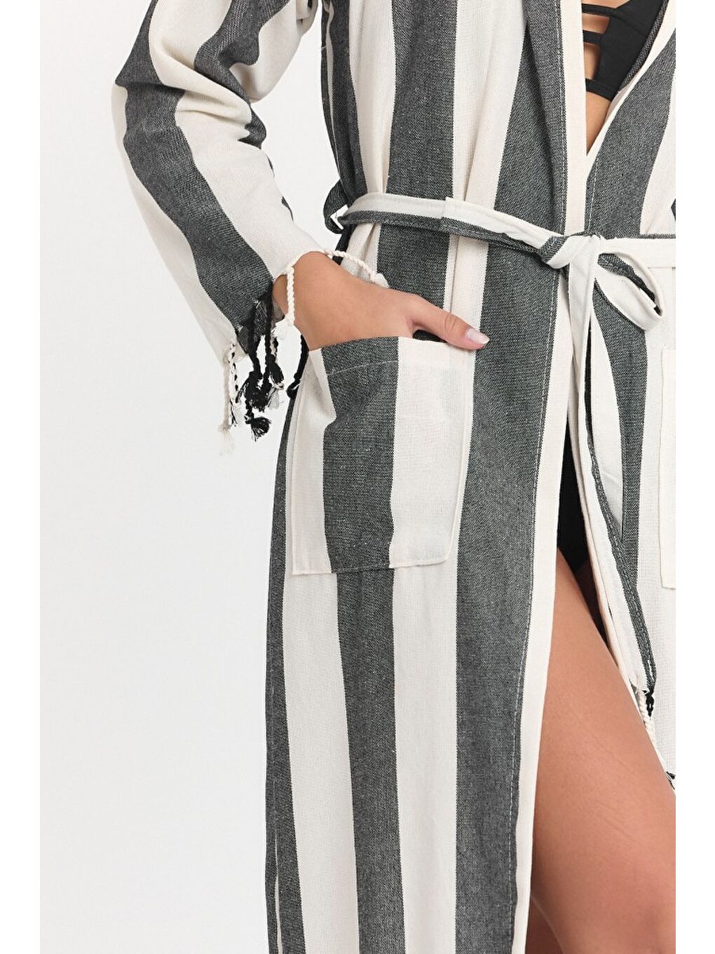 Siyah Striped Peştemal Bornoz Banyo ve Plaj Elbisesi-5