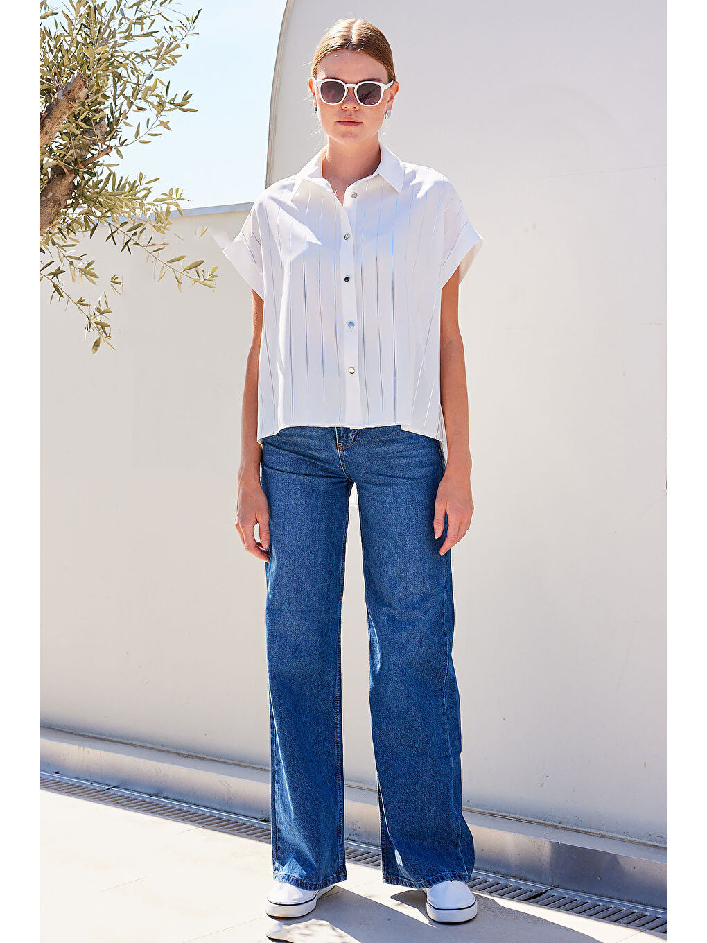 20262 Kısa Kol Çizgili Gömlek - Beyaz-1