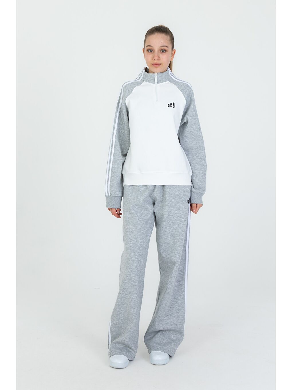 Gri Kız Çocuk Fermuar Yakalı Bol Paça Eşofman Takım