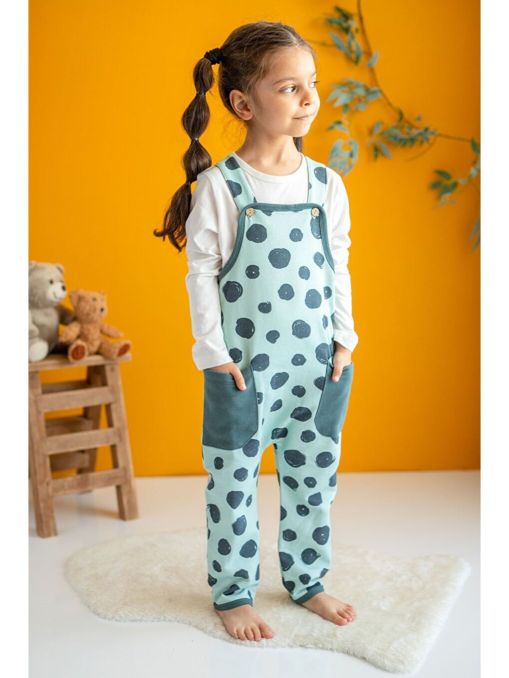 Turkuaz Kız Çocuk Cepli Büyük Puanlı Salopet (2-7Yaş)