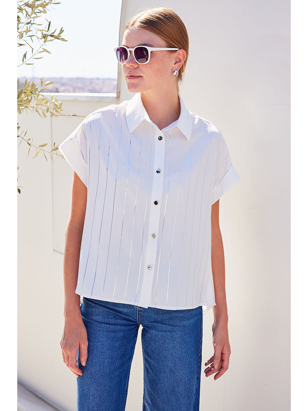 20262 Kısa Kol Çizgili Gömlek - Beyaz-3