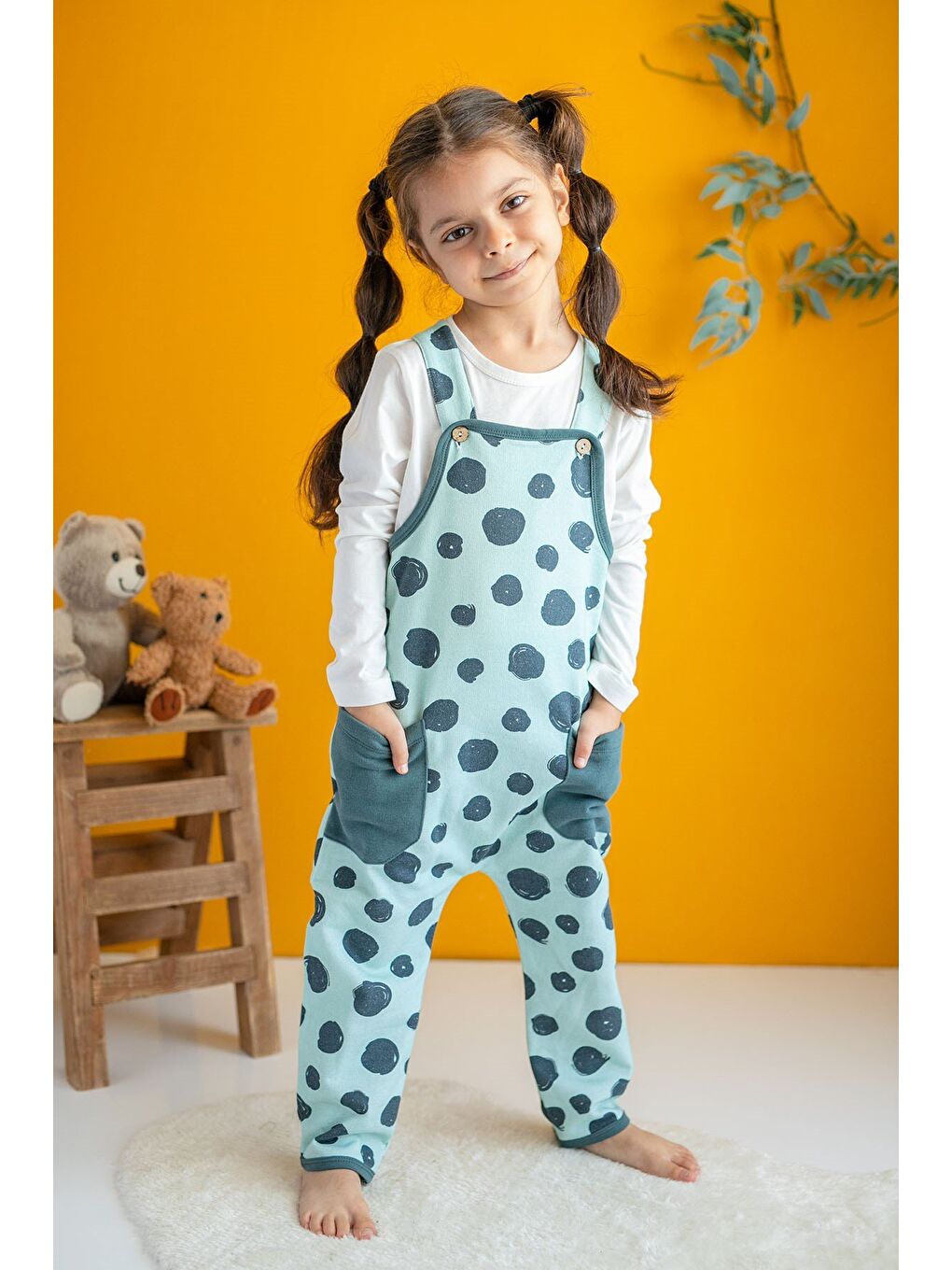 Turkuaz Kız Çocuk Cepli Büyük Puanlı Salopet (2-7Yaş)-1