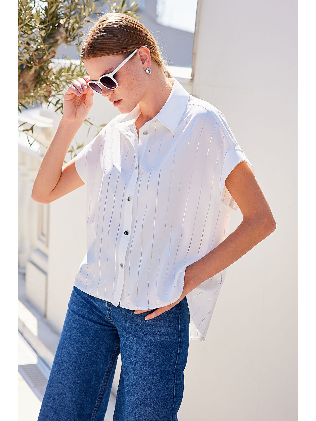 20262 Kısa Kol Çizgili Gömlek - Beyaz-4