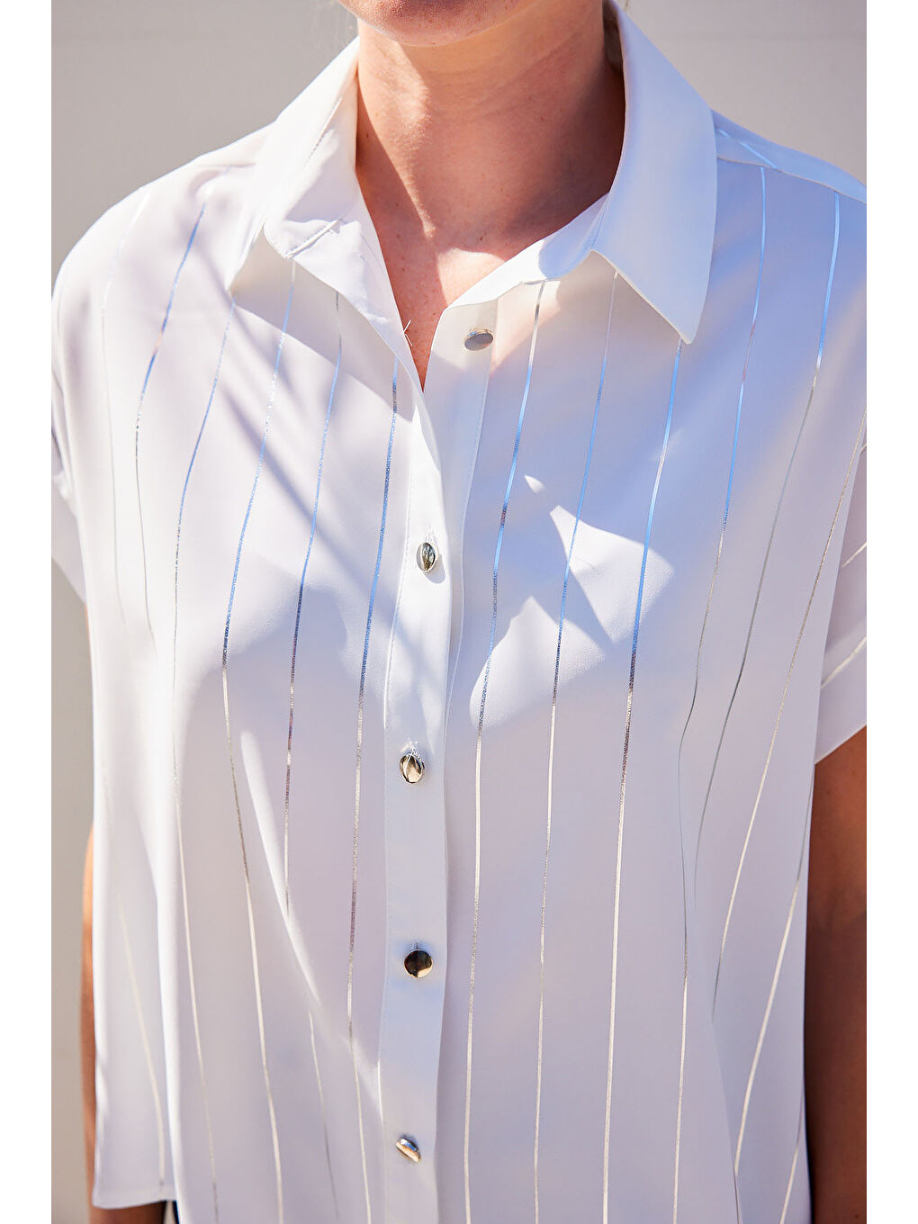 20262 Kısa Kol Çizgili Gömlek - Beyaz-5