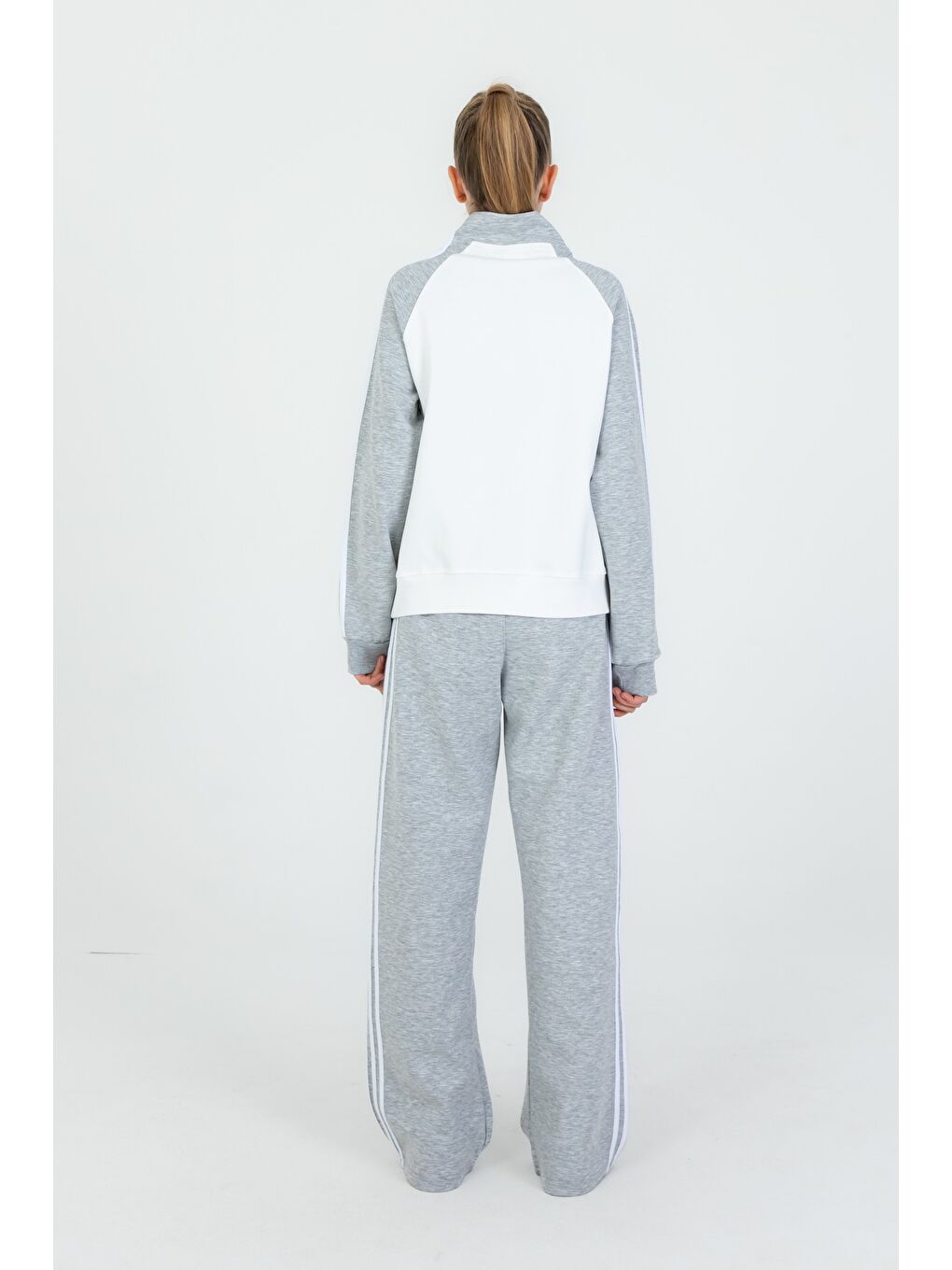 Gri Kız Çocuk Fermuar Yakalı Bol Paça Eşofman Takım-5