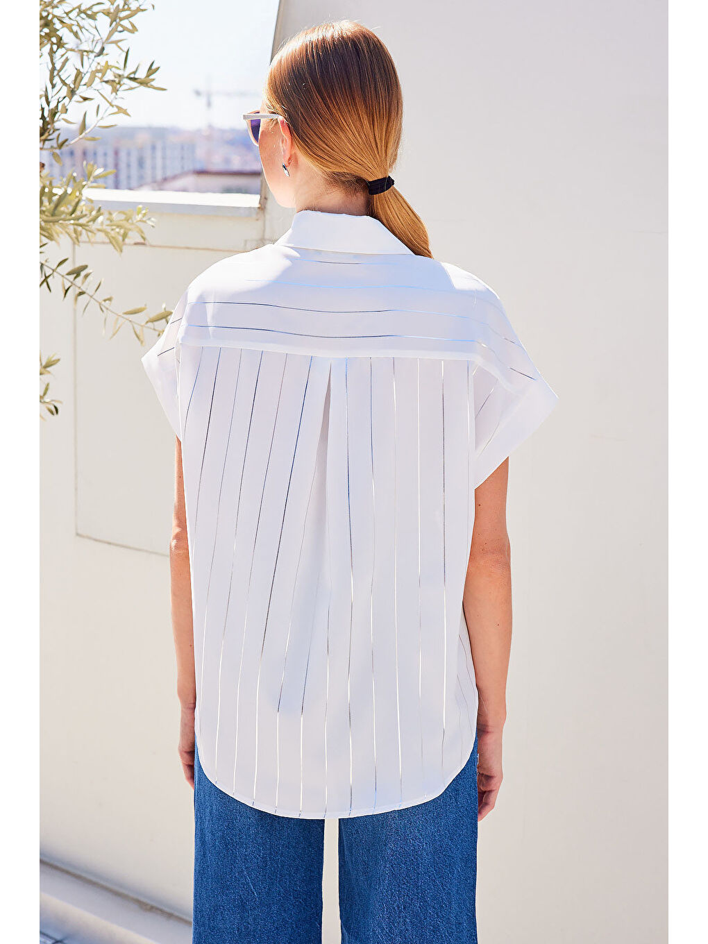 20262 Kısa Kol Çizgili Gömlek - Beyaz-6