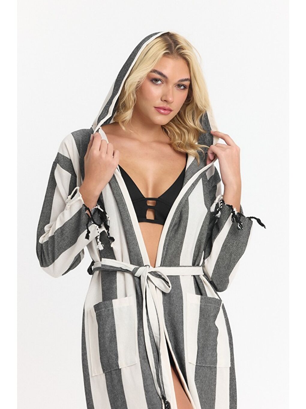 Siyah Striped Peştemal Bornoz Banyo ve Plaj Elbisesi-7