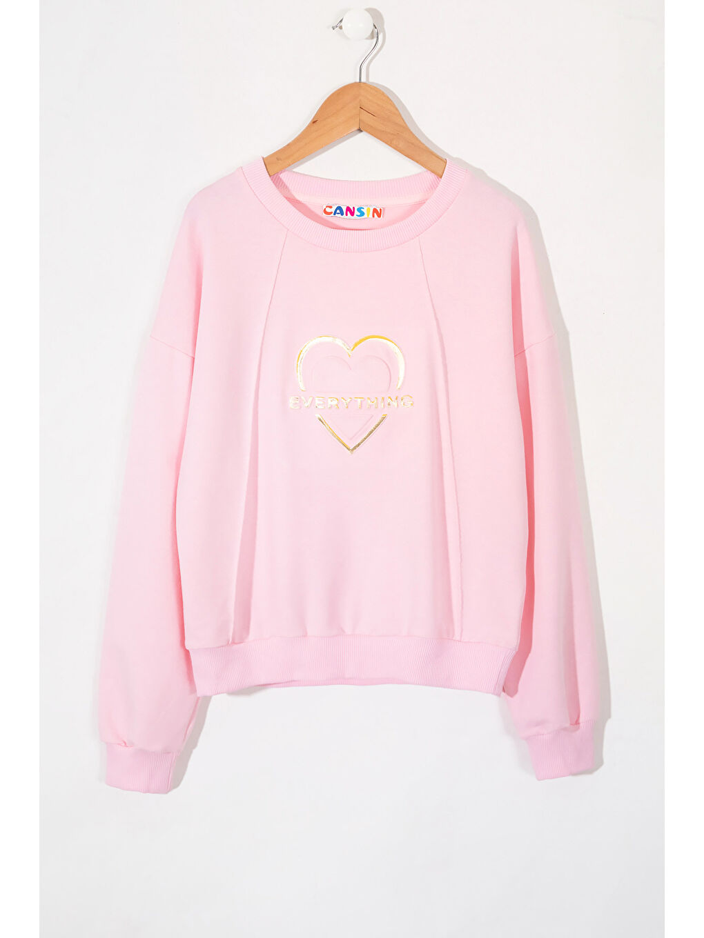 Pembe Kalp Kabartmalı Bisiklet Yaka Kız Çocuk Sweatshirt 19661