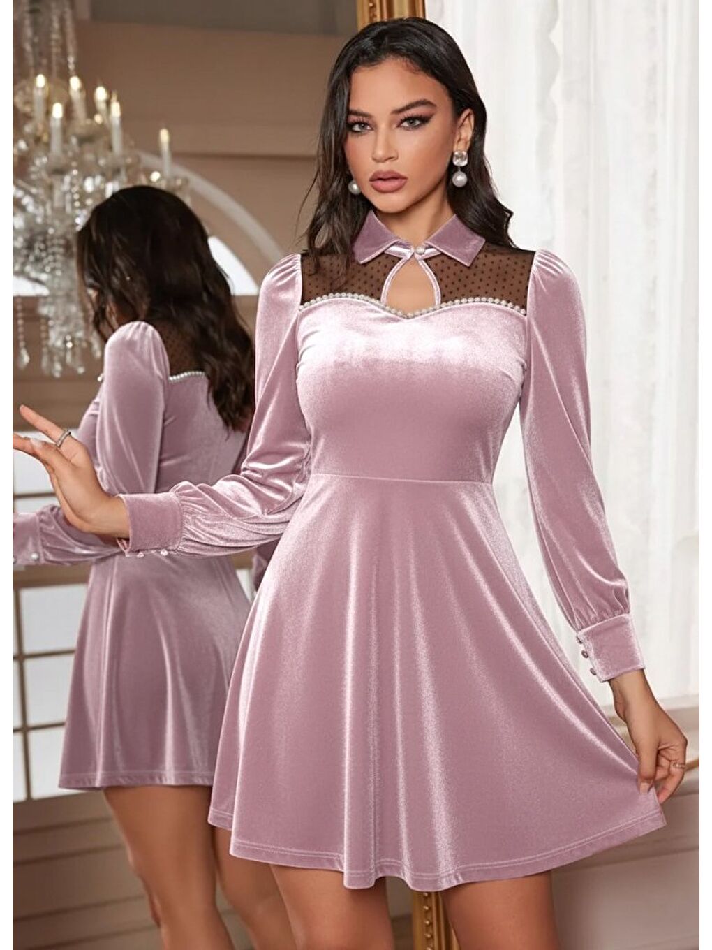 Pembe Kadın Uzun Kollu Yakalı Tül Detaylı Incili Mini Kadife Elbise