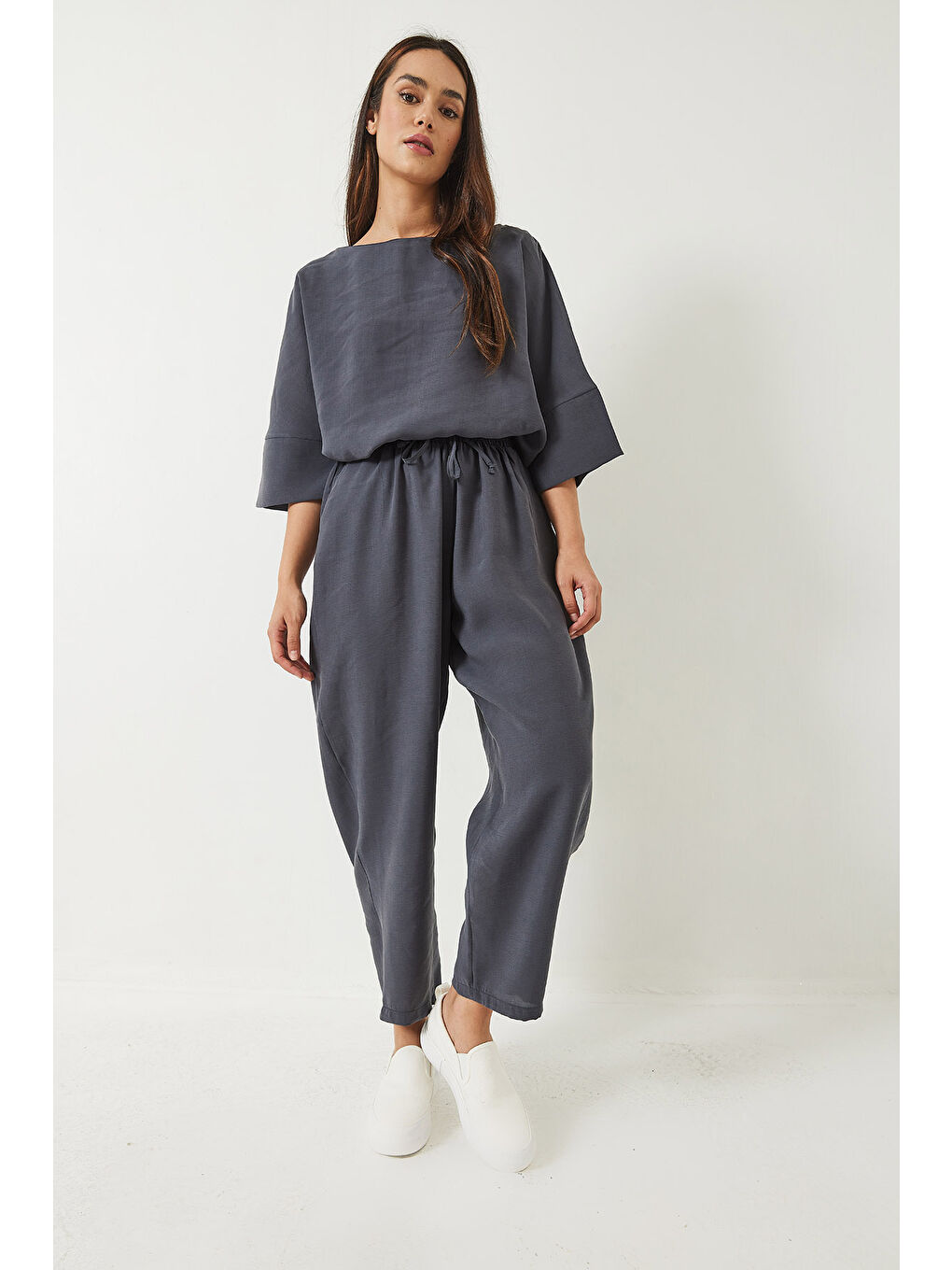 Antrasit Kadın Kayık Yaka Yarım Kol Bluz Beli Lastikli Şalvar Pantolon Alt-Üst Takım-2