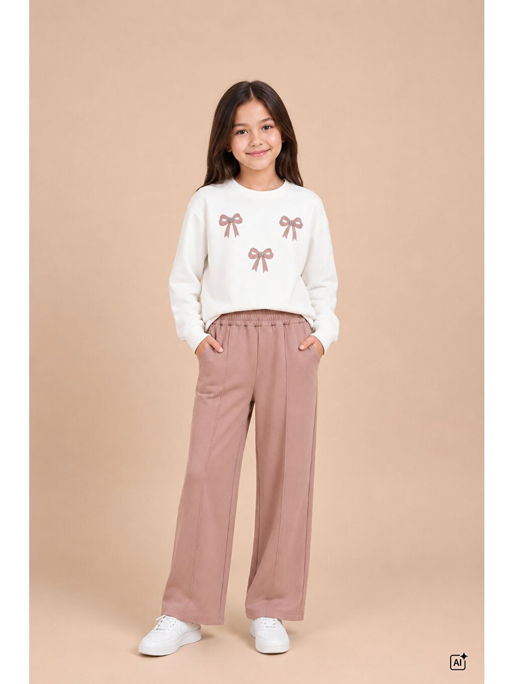 Kahverengi Kız Çocuk Fiyonk Desenli Sweatshirt Geniş Paça Eşofman Takımı 24825