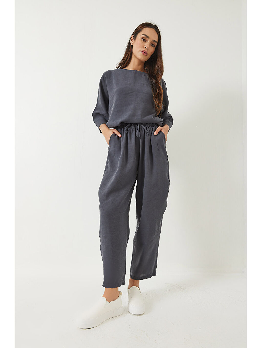 Antrasit Kadın Kayık Yaka Yarım Kol Bluz Beli Lastikli Şalvar Pantolon Alt-Üst Takım-3