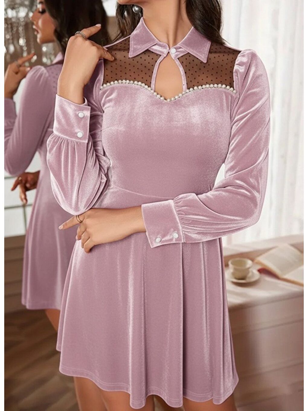 Pembe Kadın Uzun Kollu Yakalı Tül Detaylı Incili Mini Kadife Elbise-1