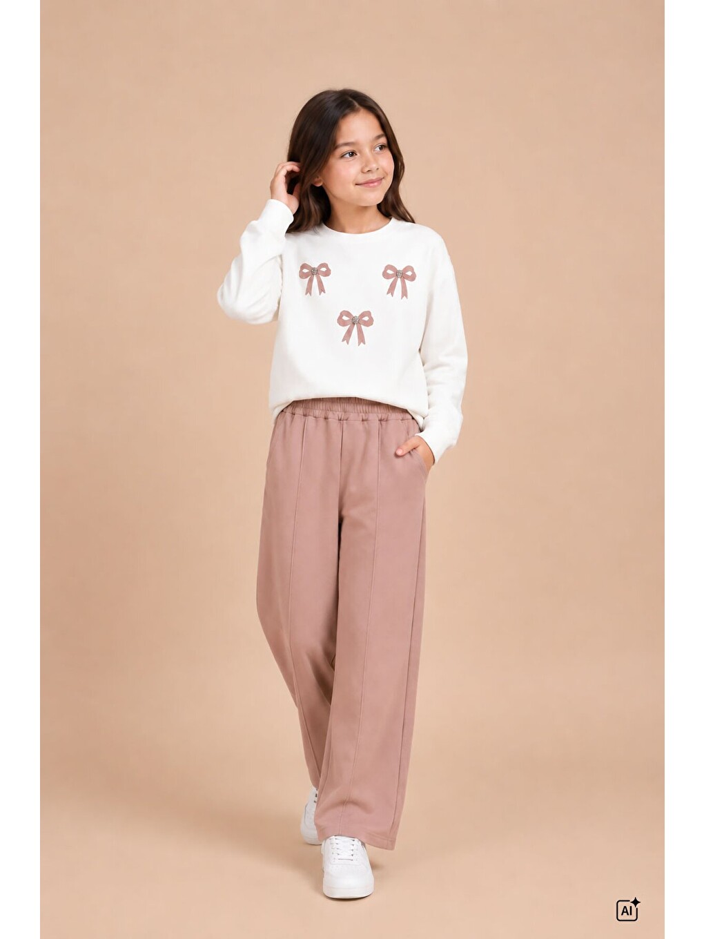 Kahverengi Kız Çocuk Fiyonk Desenli Sweatshirt Geniş Paça Eşofman Takımı 24825-1