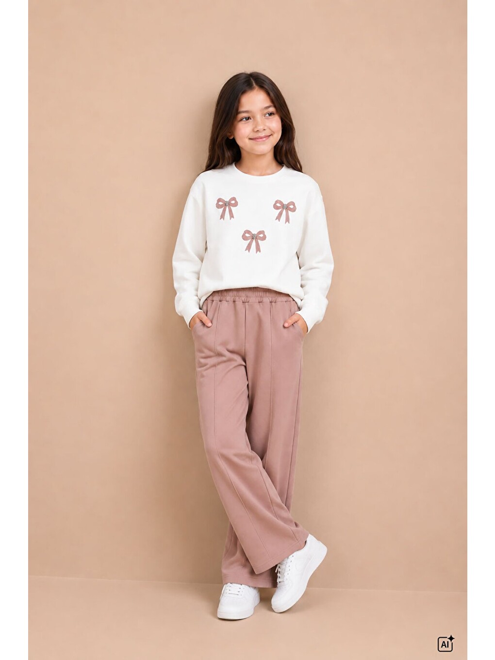 Kahverengi Kız Çocuk Fiyonk Desenli Sweatshirt Geniş Paça Eşofman Takımı 24825-2