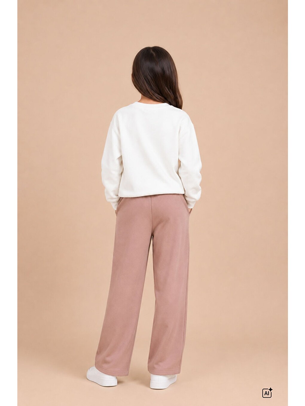 Kahverengi Kız Çocuk Fiyonk Desenli Sweatshirt Geniş Paça Eşofman Takımı 24825-3