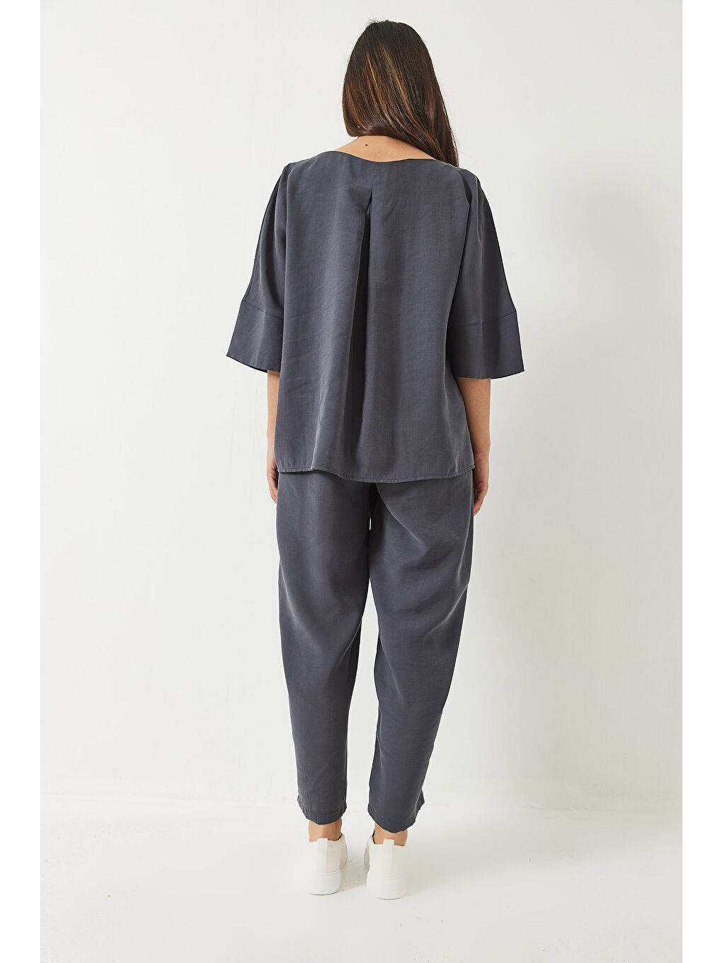 Antrasit Kadın Kayık Yaka Yarım Kol Bluz Beli Lastikli Şalvar Pantolon Alt-Üst Takım-6