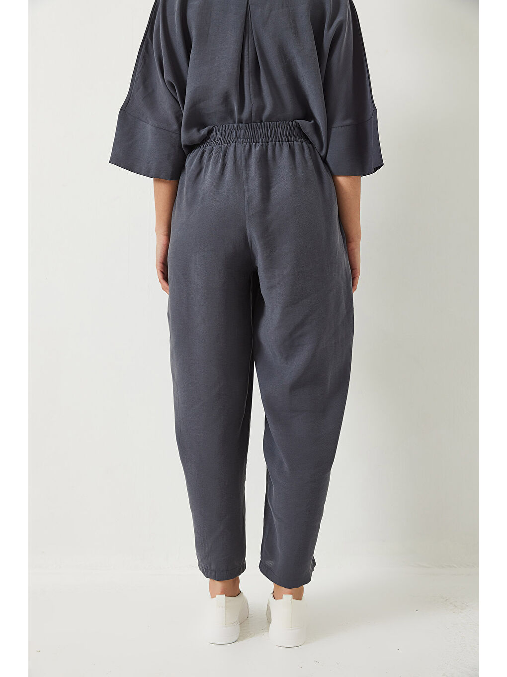 Antrasit Kadın Kayık Yaka Yarım Kol Bluz Beli Lastikli Şalvar Pantolon Alt-Üst Takım-7