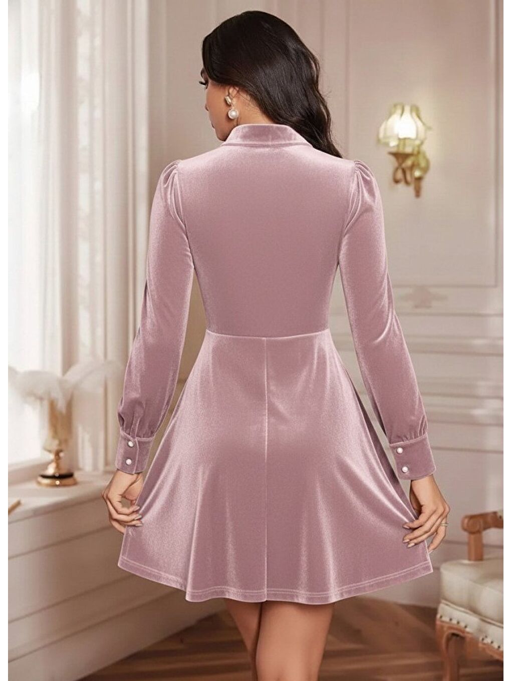 Pembe Kadın Uzun Kollu Yakalı Tül Detaylı Incili Mini Kadife Elbise-2