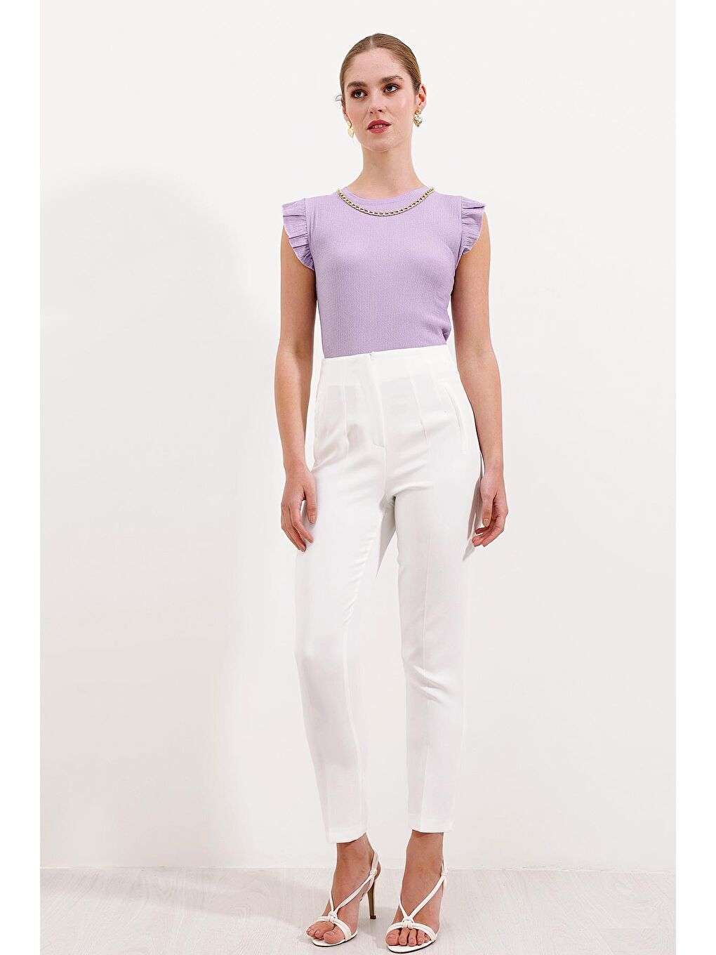 Kadın Beyaz Yüksek Bel Kumaş Pantolon 6650-4