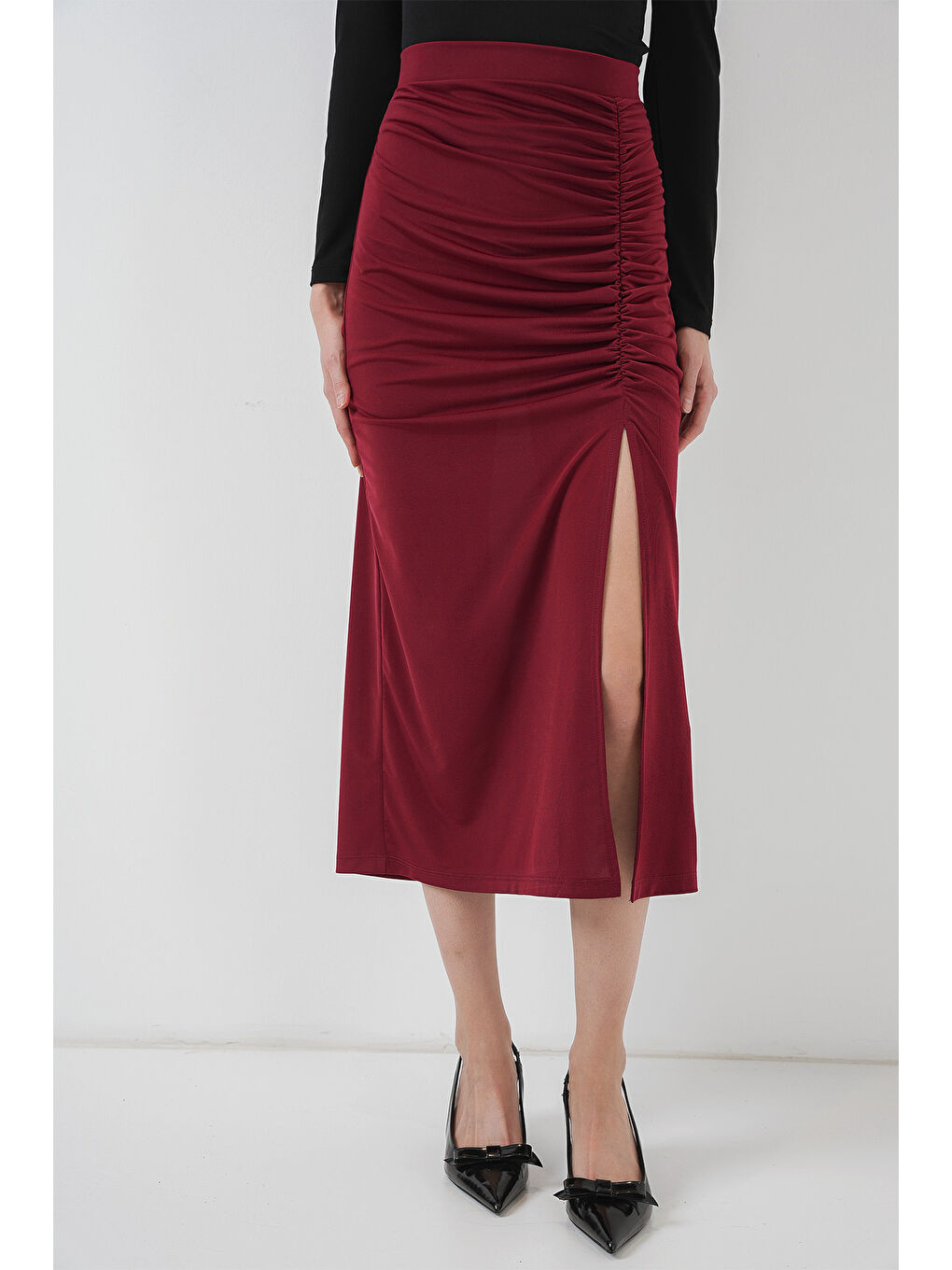 8033 Sandy Yırtmaçlı Etek - Bordo-1