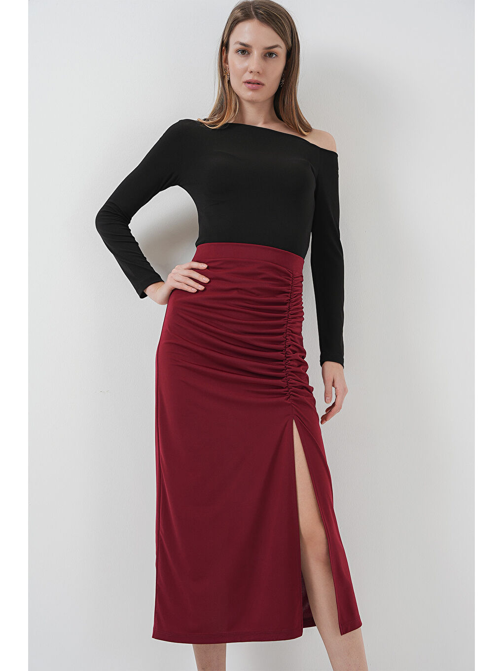 8033 Sandy Yırtmaçlı Etek - Bordo-2