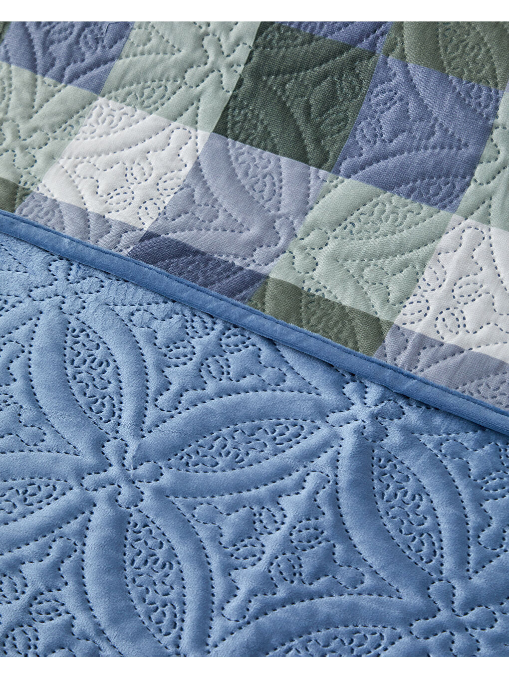 Ornate Check Çift Taraflı Kadife Çift Kişilik Yatak Örtüsü Takımı Koyu Mavi-2