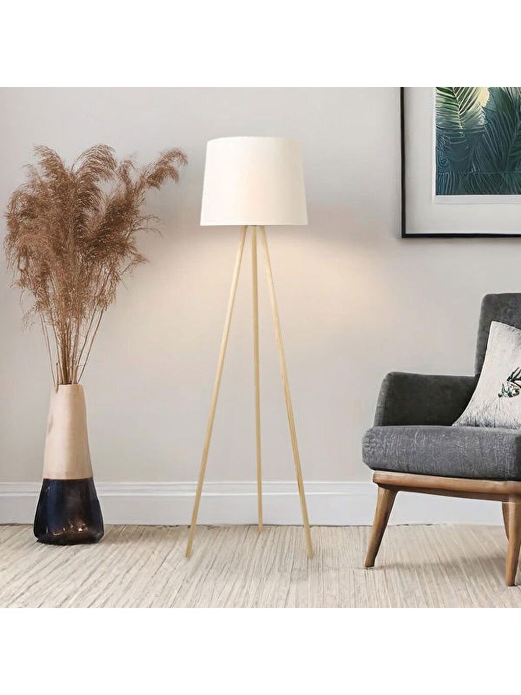 Sarı Lighting Ahşap Ayak Tripod Lambader - Natürel / Beyaz-4