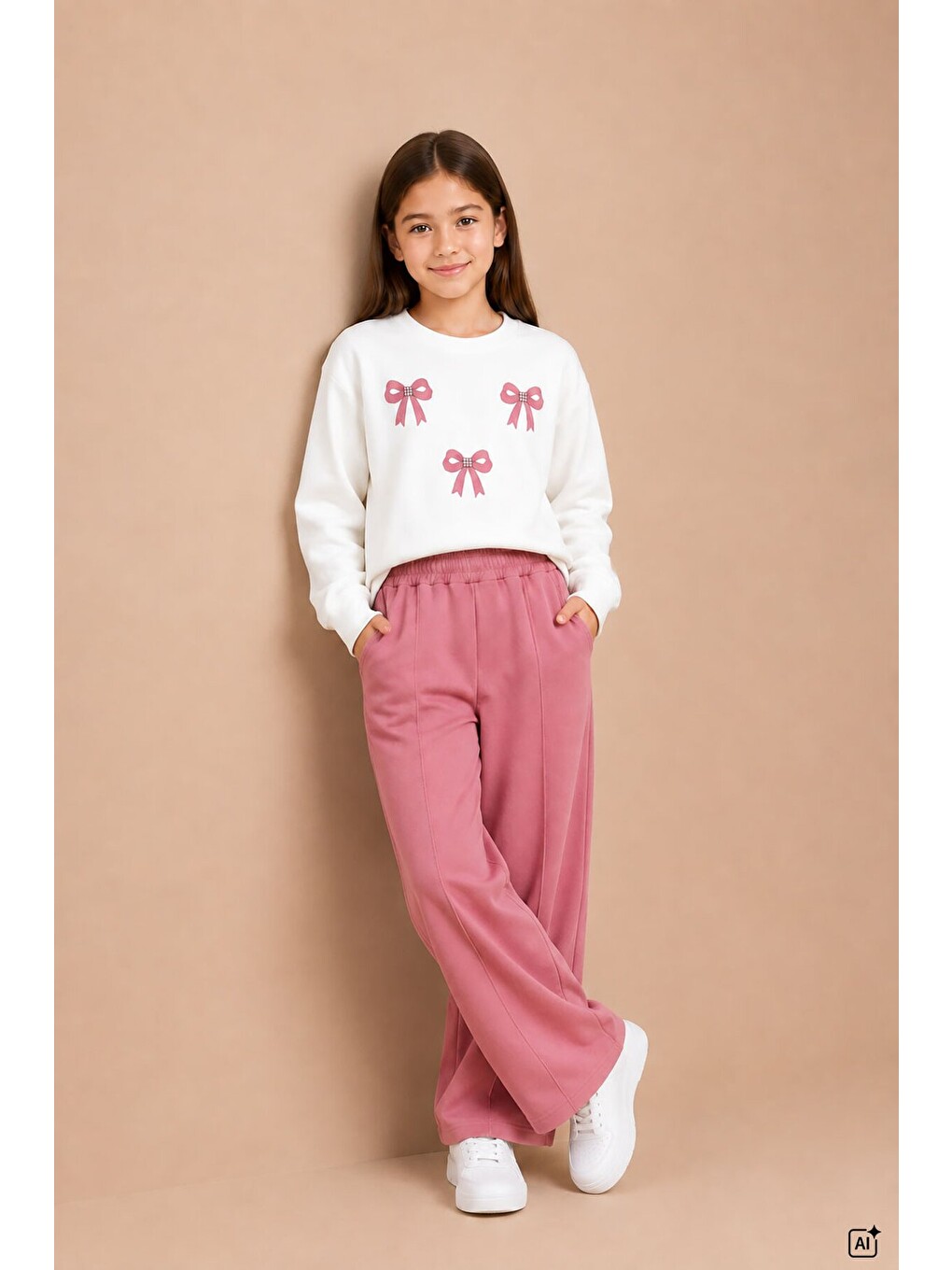 Pembe Kız Çocuk Fiyonk Desenli Sweatshirt Geniş Paça Eşofman Takımı 24824