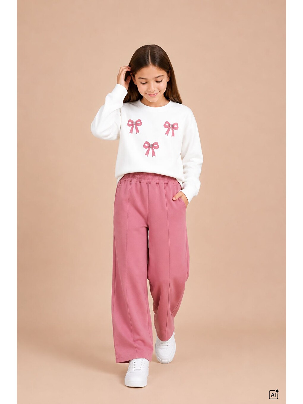 Pembe Kız Çocuk Fiyonk Desenli Sweatshirt Geniş Paça Eşofman Takımı 24824-1