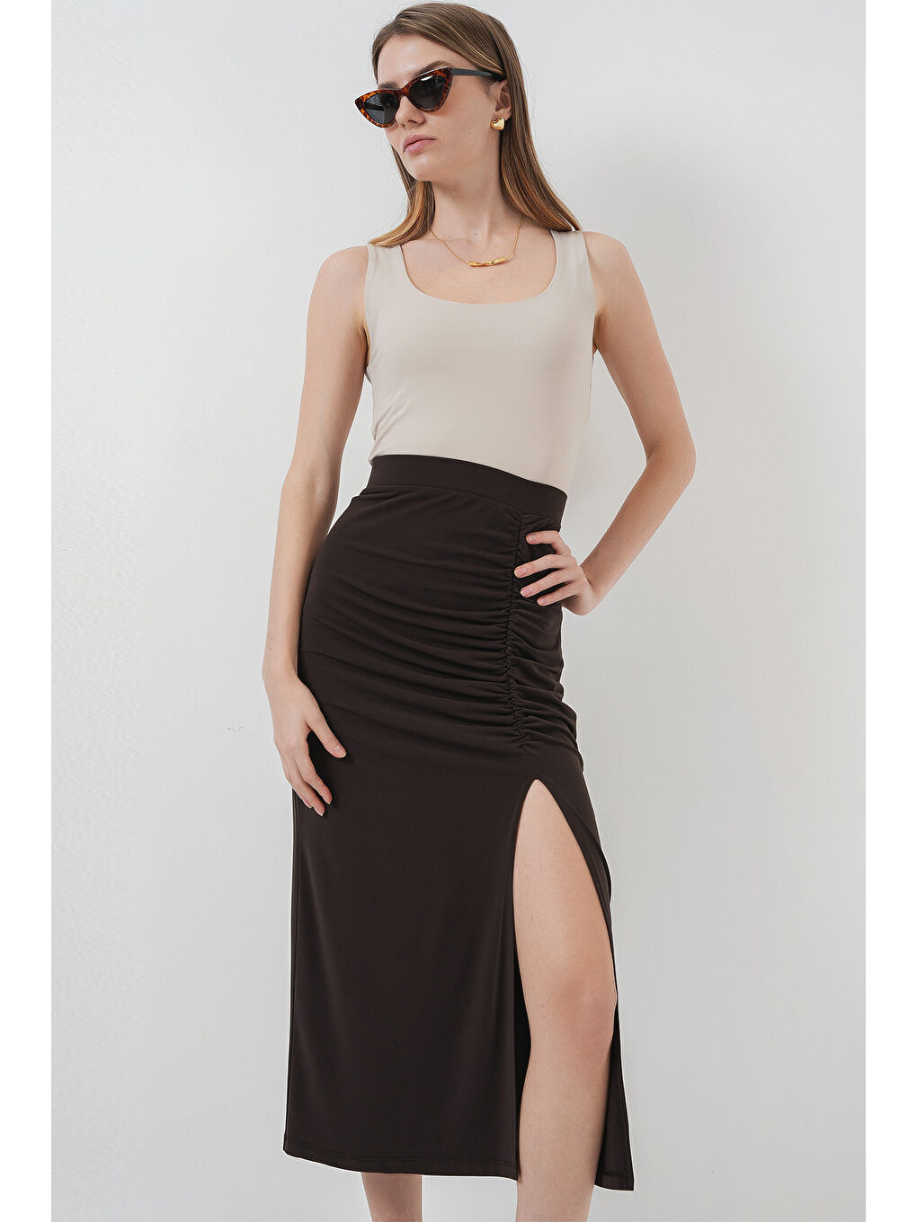 8033 Sandy Yırtmaçlı Etek - Kahverengi